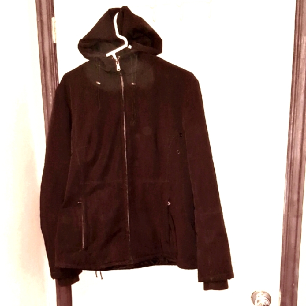 Jones New York Hooded Lined Black Zippered Windbreaker Jacket Size L Mid-length